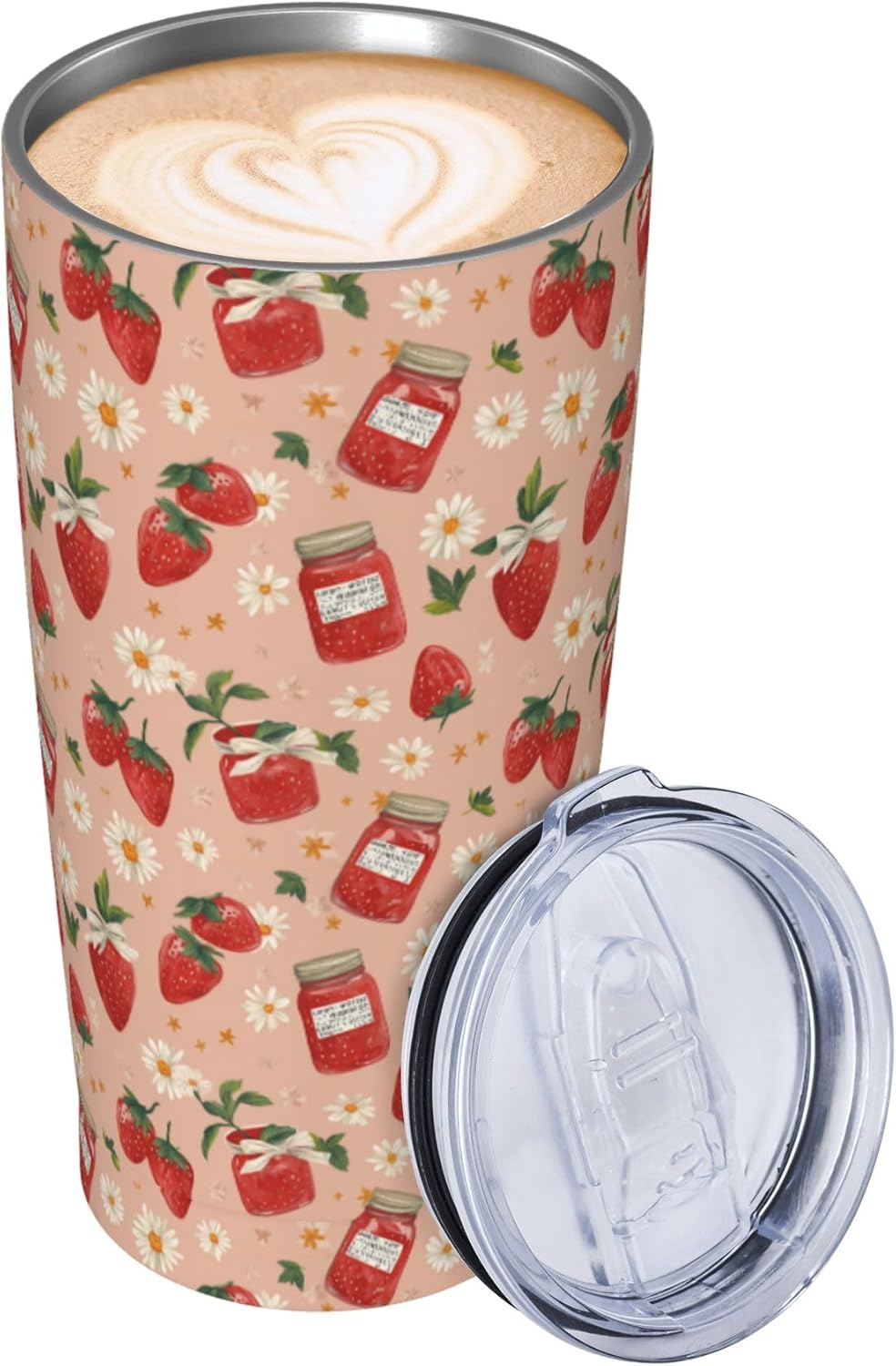 Strawberry Tumbler with Lid and Straw 20oz Insulated Reusable Stainless Steel Travel Mug Double Wall Vacuum Coffee Cup for Hot Cold Drinks Leak-Proof Portable Cups for Women Men Gifts