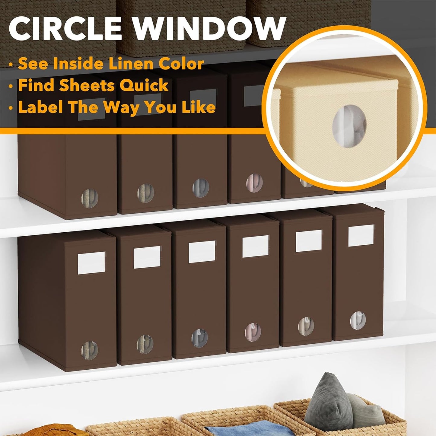 SpaceAid 12 Pack Bed Sheet Organizers and Storage, Foldable Sheet Organizer for Linen Closet, Sheets Set Folder Keeper with Window XL (Queen & King Size) Bedding Container (Brown, 12 Pack)