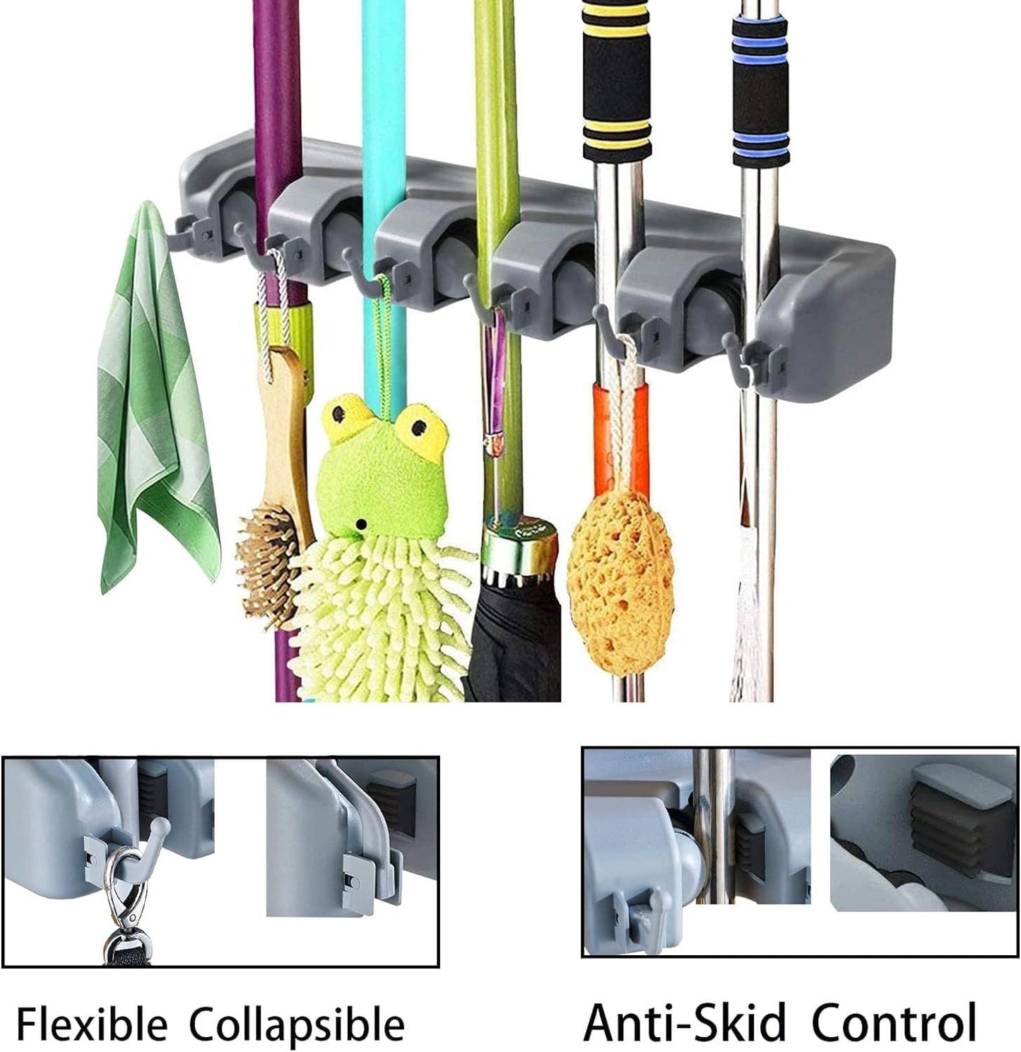 PP Plastic Multi-Function Broom & Mop Wall Mount Holder (16.9×3.35×2.36in, Gray) - Screw-Mounted Space Saver for Kitchen/Garage/Garden Tool Organization