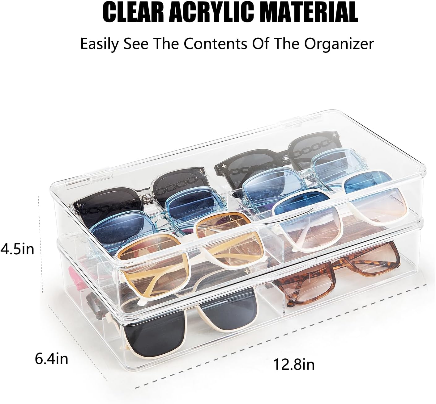 BOPai Acrylic Sunglasses Organizer with Lid, Stackable Glasses Storage Organizer - 2 Pack