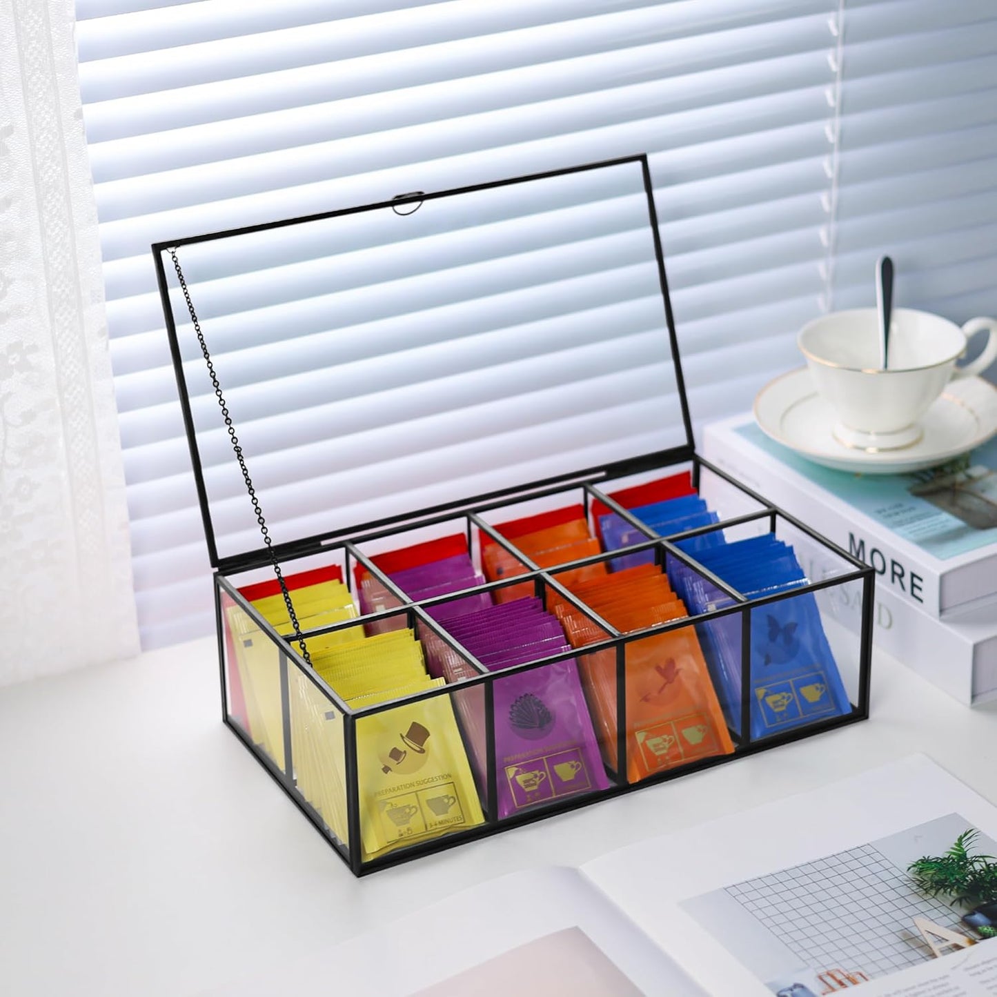 Glass Tea Bag Organizer with 8 Compartments, Handmade Large Tea Bag Storage Box for Counter Kitchen, Tea Bag Holder,Tea Storage Containers with Lid,Tea Accessories Gifts for Tea Drinkers,Black