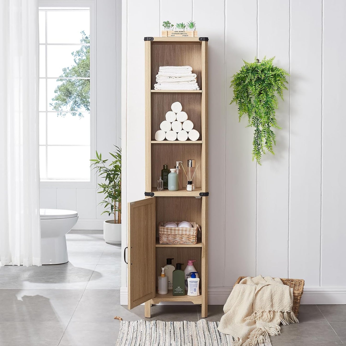 Bathroom Storage Cabinet, 5-Shelf Farmhouse Storage Cabinet with Barn Door&Adjustable Shelves, Bathroom Organizer for Living Room, Kitchen (Natural Oak)