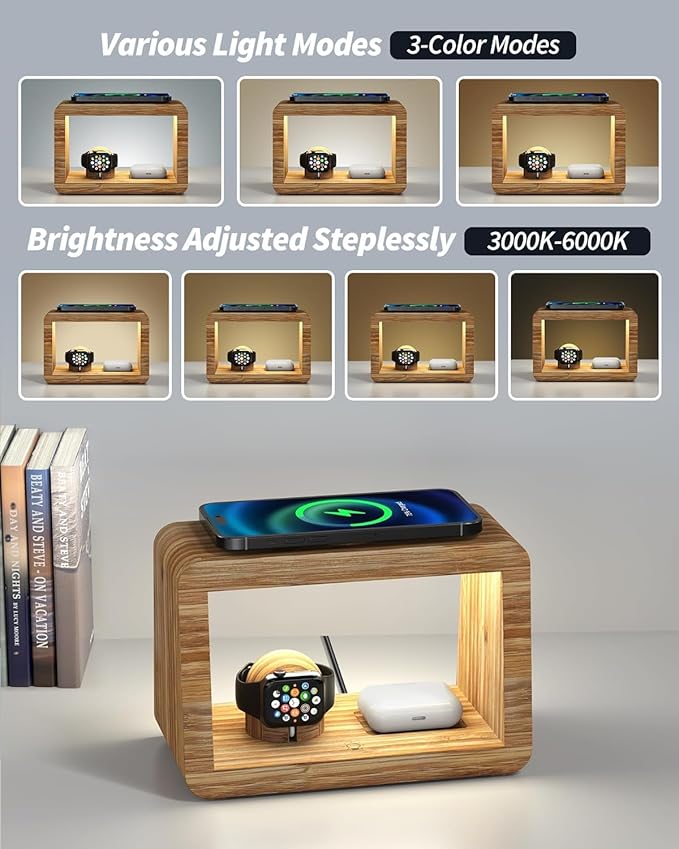 Bamboo Wireless Charging Station: 3-in-1 Wireless Charger with Night Lights - Fast Charging Stand Compatible with iPhone 16/15/14/13/12 Pro Max/X/Xs Max/8, AirPods Pro, Watch Series 10/9/8/7/6/5-2/SE