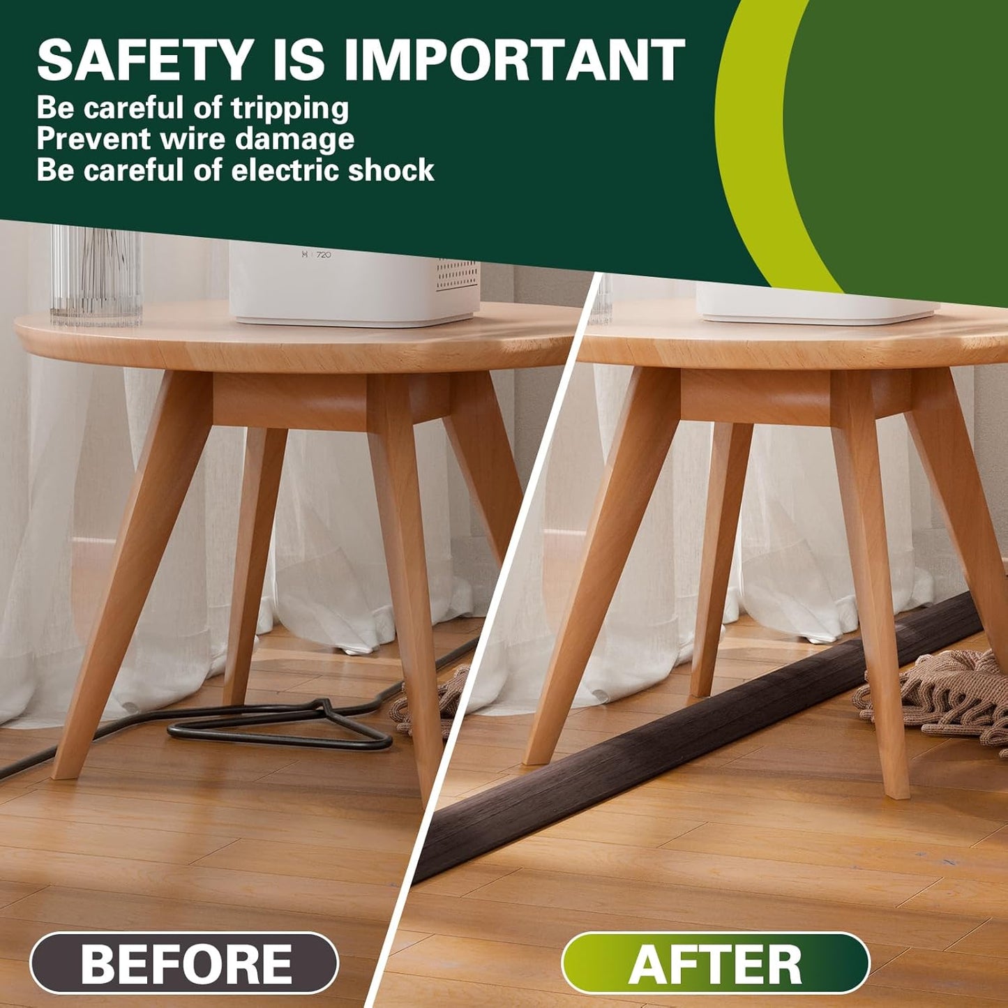 Floor Cord Cover Cable Cavity Self Adhesive Hider - Electric Cord Covers for Living Rooms, Offices - Cable Cover Protector (Black Wood, 1.18" x 10')