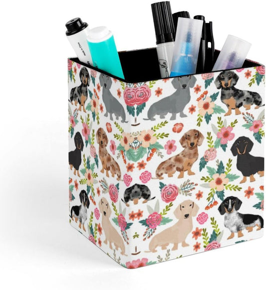 Square Pen Holder & Pencil Organizer for Desk - Office Storage Organizer, Markers/Makeup Brushes/Scissors Holder, Compact Desk Decor Accessories for Home Classroom School(Dachshund)