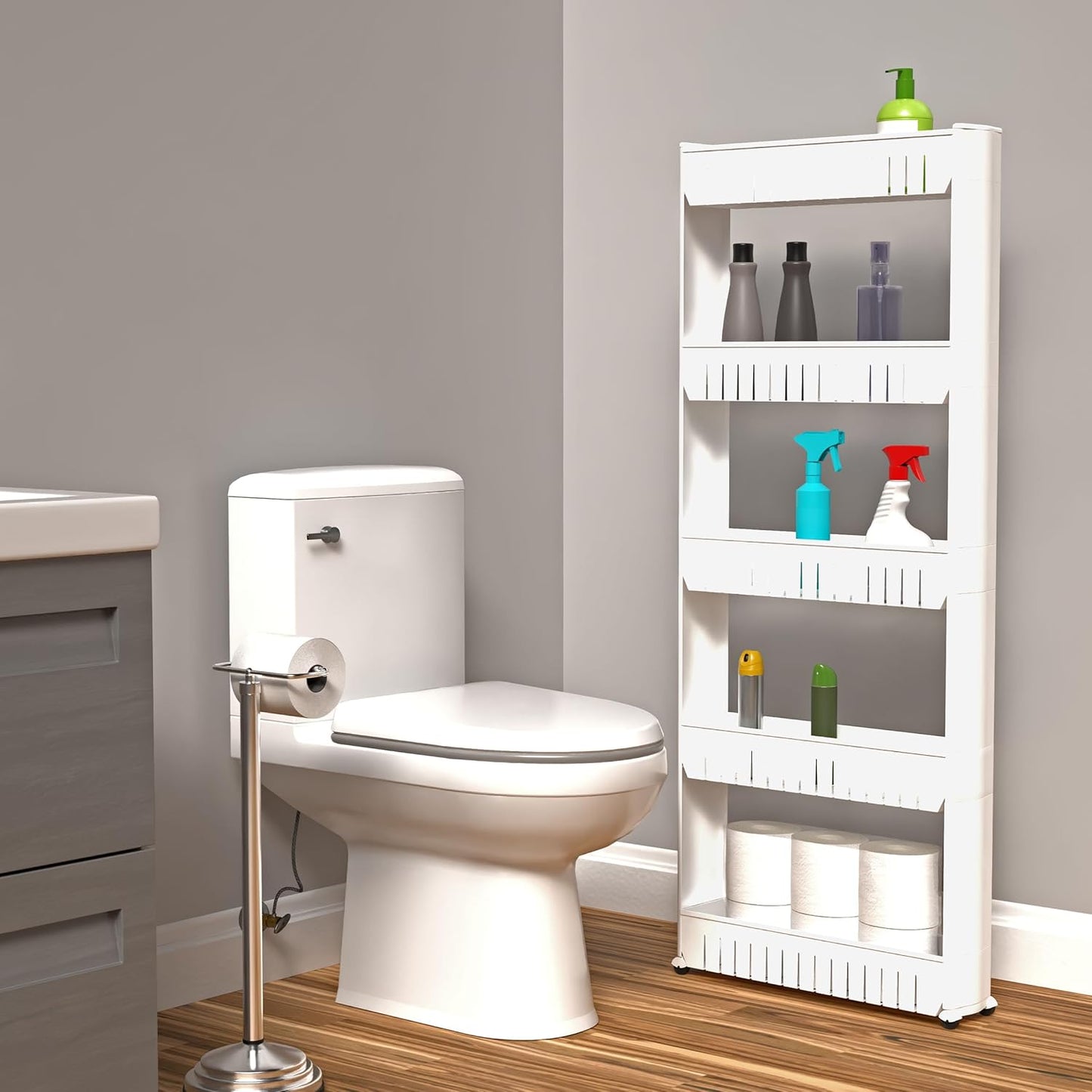 Slim Rolling Storage Cart - 5-Tier Utility Cart with Wheels for Bathroom, Kitchen, and Laundry Room - Bathroom Shelves by Lavish Home (White)