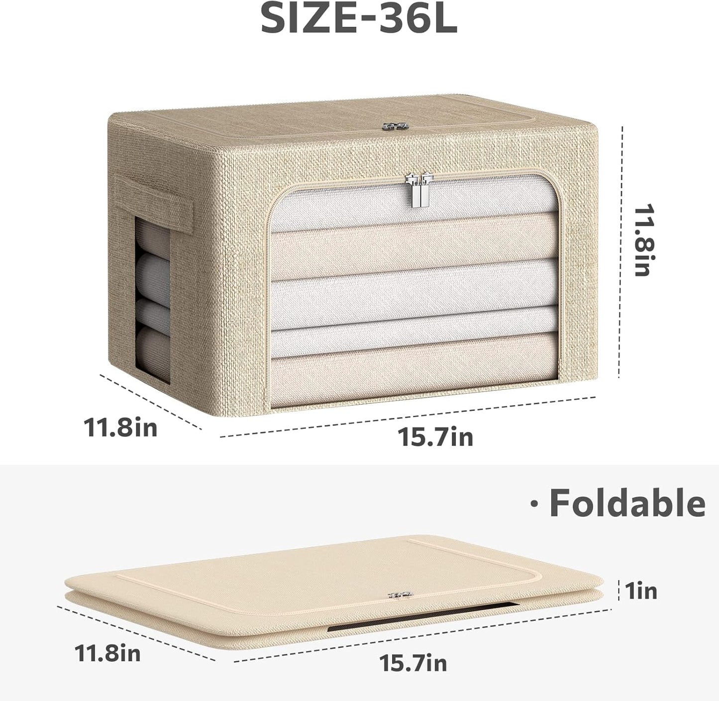 3Pack Foldable Storage Bins - Frame Storage Box Linen Fabric Stackable Clothes Container Organizer with Clear Window & Carry Handles Large Capacity (Medium-36L, Beige)