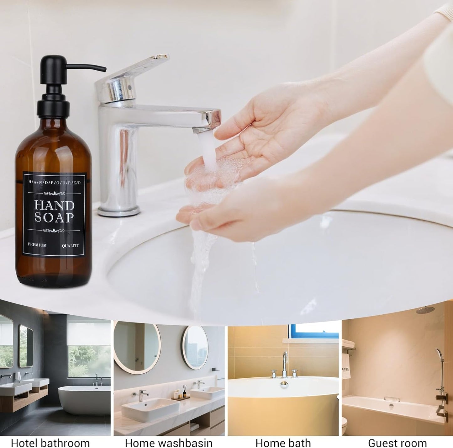 2 Pack Brown Glass Bottle, Soap Dispenser with Stainless Steel Pump,17 oz Upgrade Hand and Dish Soap Dispensers Kitchen, Hand Soap Dispenser Bathroom Accessories for Hotel, Vacation Rental, Restaurant