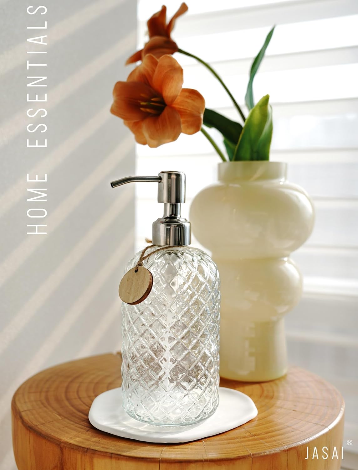 JASAI 18Oz Gem Patterned Clear Glass Soap Dispenser with Rust Proof Pump, Refillable Hand soap Dispenser for Kitchen, Premium Bathroom Soap Dispenser for Dish Soap, Hand soap, Lotion(Clear).