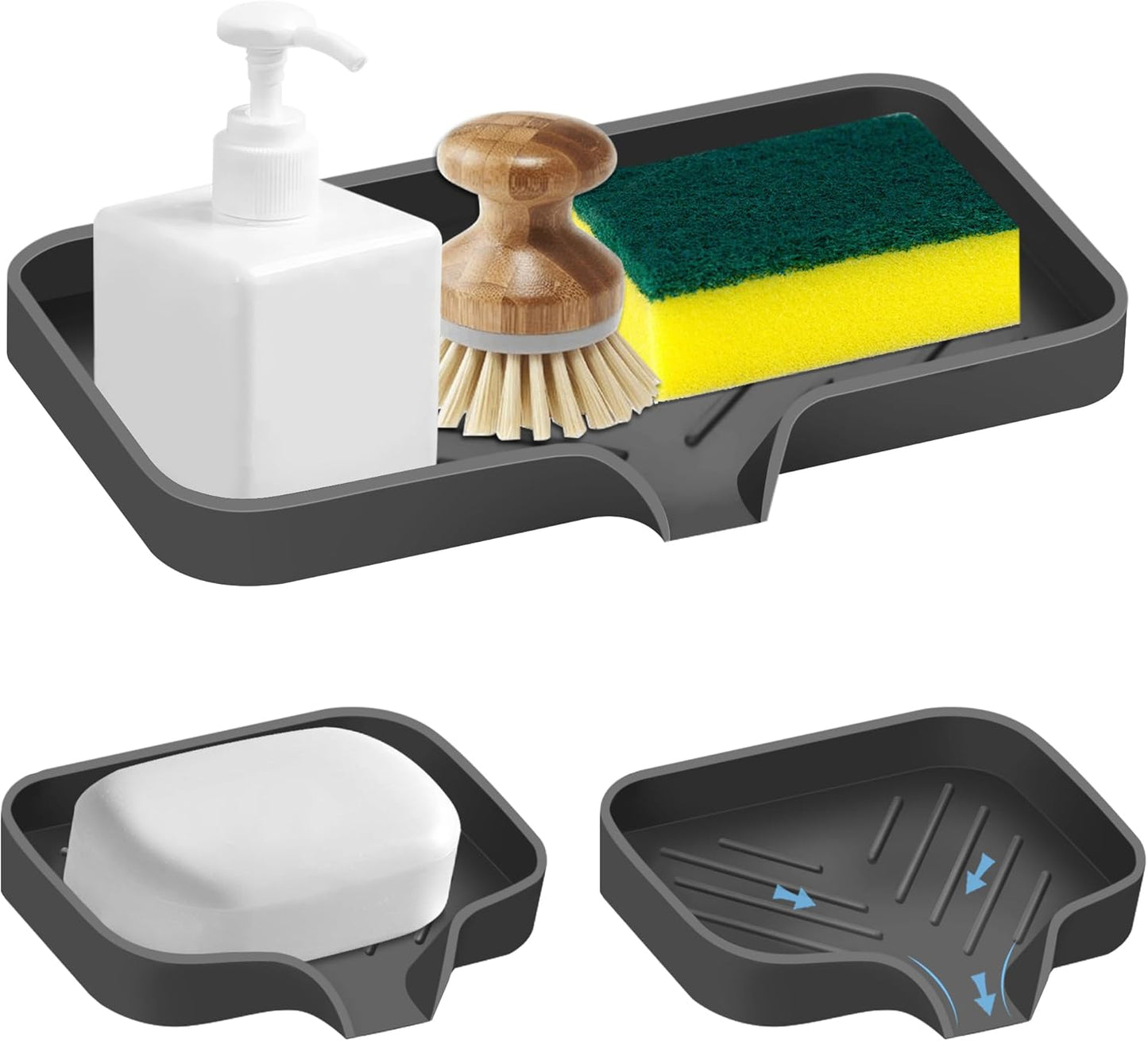Kitchen Sink Tray,3 Pcs Silicone Sponge Holder for Kitchen Sink Organizer, Kitchen Soap Tray Self Draining Soap Dish for Bathroom