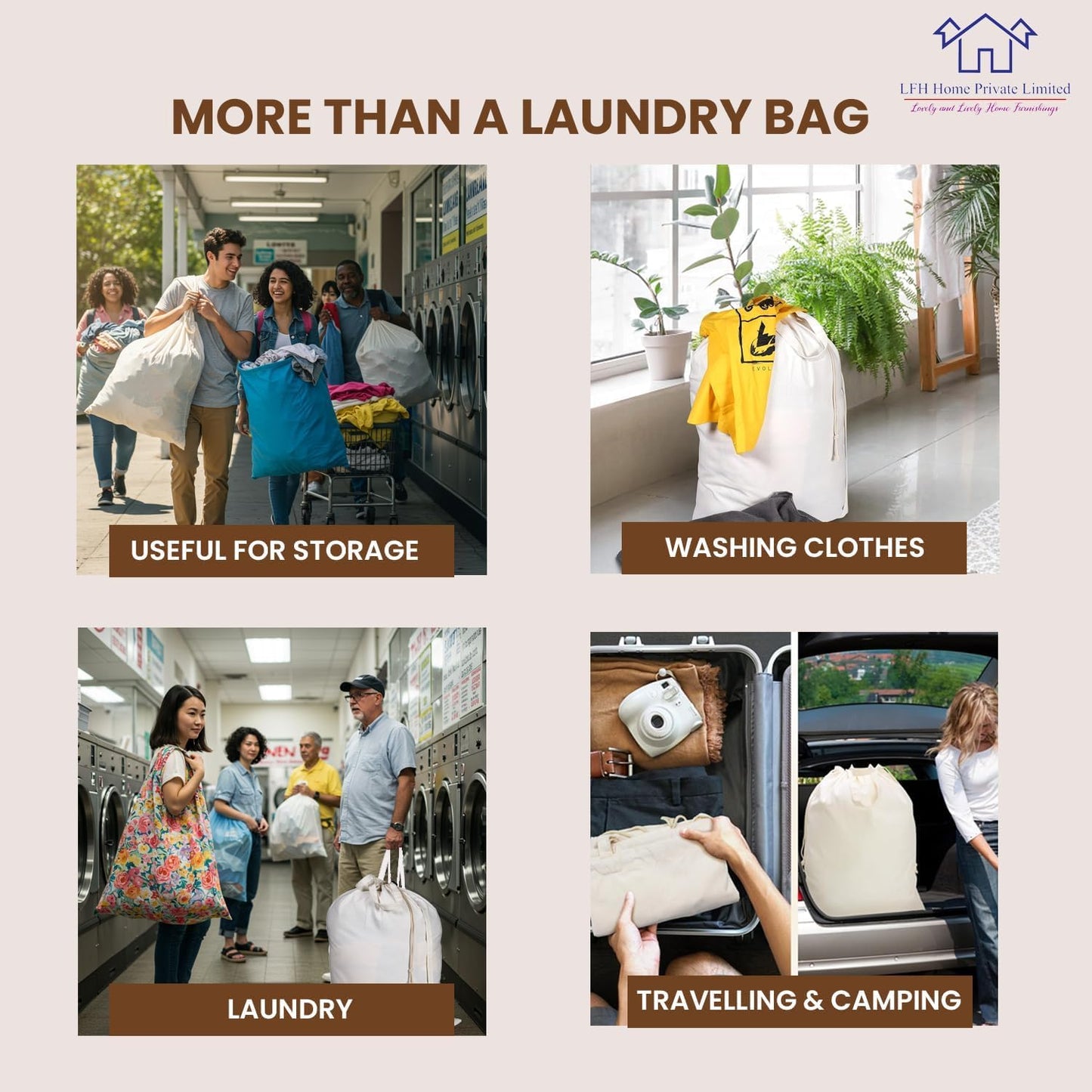LFH Home Cotton Canvas Large Laundry Bag with Handle, Heavy Duty Drawstring Closure Washable Laundry Bags, School Travel, Home, Hotel, College Dorm, Organizer Sack, Toy Clothes 28x36 (Pack of 6)-White