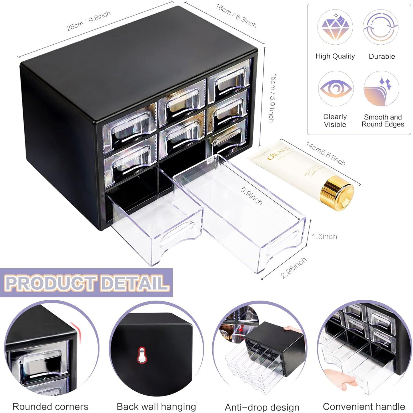 Desk Storage Organizer with 9 Drawers, FODIENS Stackable Desktop Craft Drawer Cabinet, Clear Storage Box Caddy for Makeup Jewelry Office Craft Supplies (9.84×6.3×5.9in) (Black)
