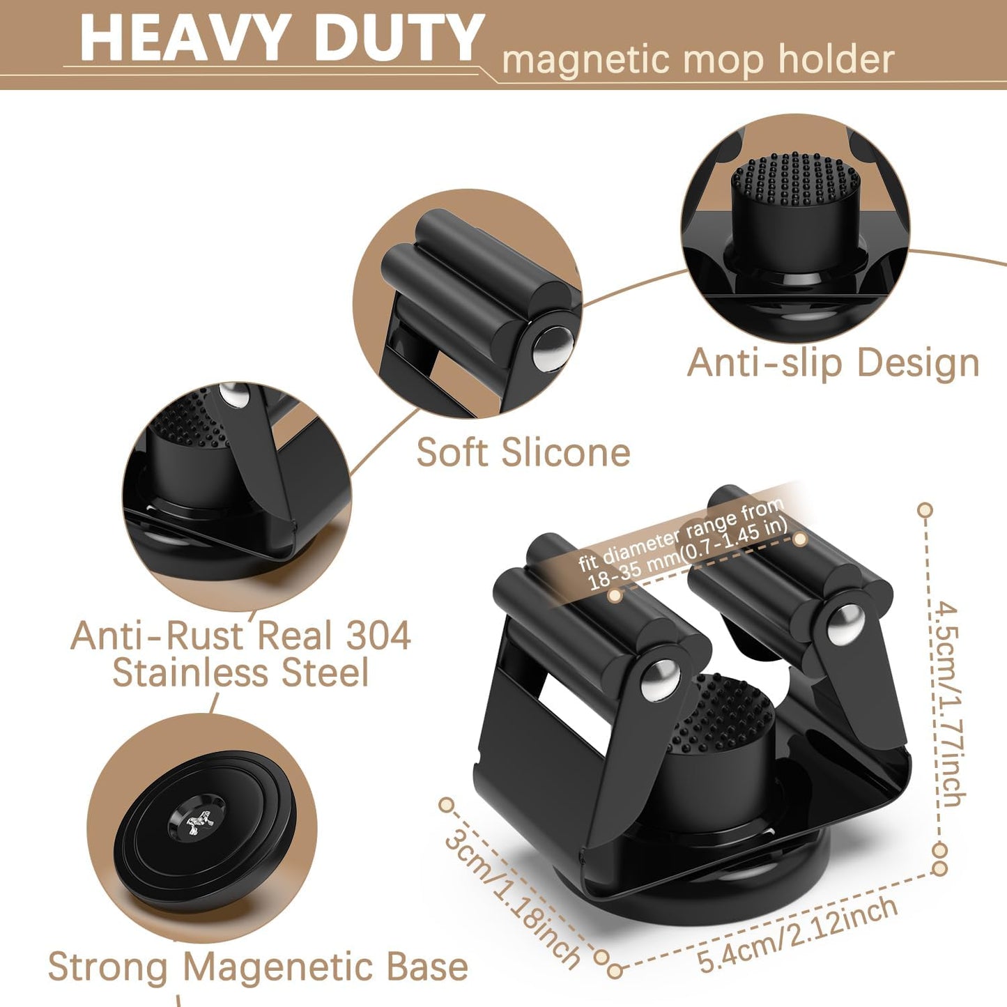 3-H Magnetic Broom Holder 4 Piece Set, 304 Stainless Steel Broom Holder Wall Mount, No Drilling Magnetic Tool Holder with 2 Mini Magnetic Hooks for Garage Garden Laundry Kitchen, Black