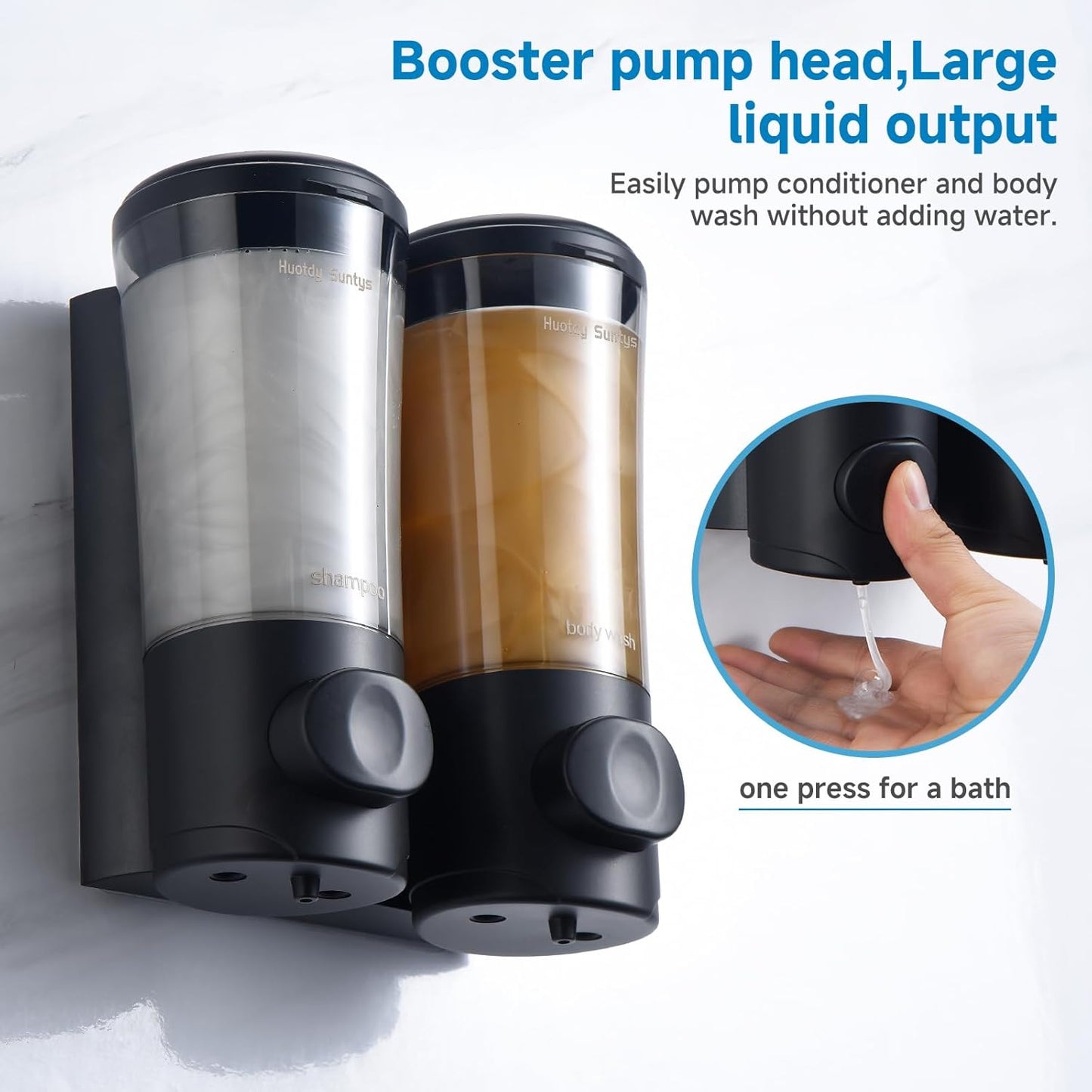 Shampoo and Conditioner Dispenser No Drill Shower Soap Dispenser Wall Mounted Shower Dispenser 2 Chamber with Upgrade Smooth Pump Head Bathroom Body Wash Soap Dispenser Set 450ml*2 Black
