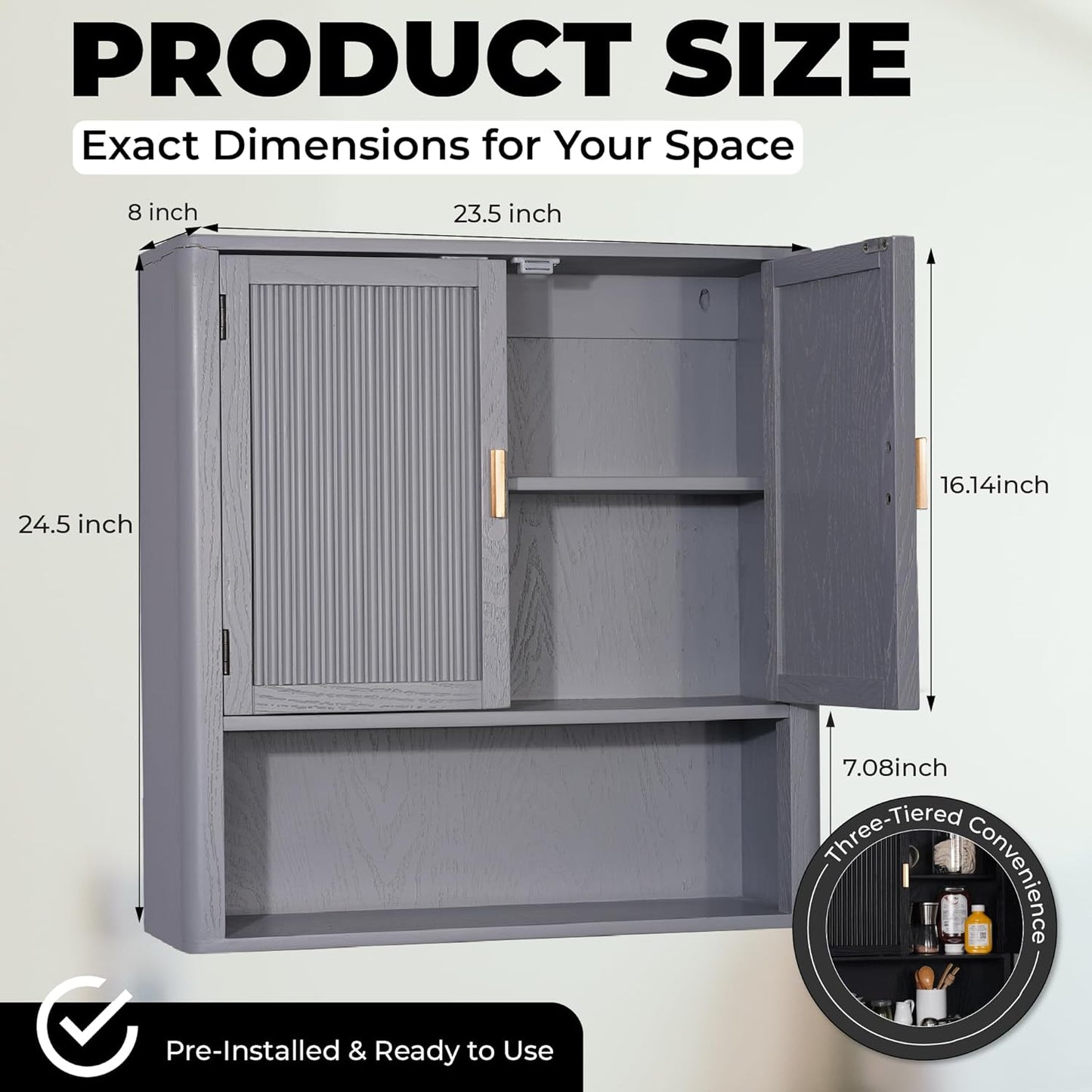 Bathroom Storage Cabinet – Pre-Assembled Wall-Mounted Medicine Cabinet with 2 Doors and Fixed Shelf, Over-The-Toilet Floating Organizer for Bathroom, Living Room, Kitchen, Laundry (Grey)