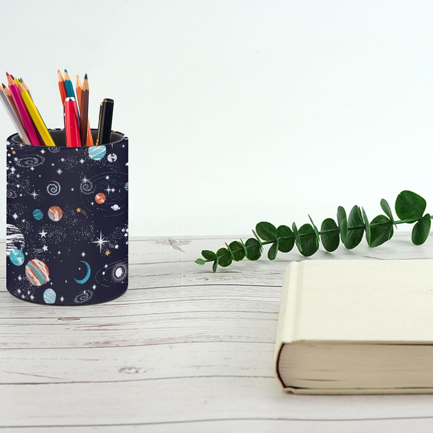 Galaxy Space Planets Pen Holder Pencil Organizer Cute Pencil Cup Desk Decor Makeup Brush Holder PU Multifunctional Office Suppliesfor Home Classroom School