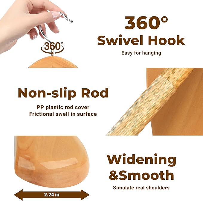 Coat Hanger 8-Pack, MEQUTION Wood Hangers Trouser Hangers Extra Wide Shoulder Wooden Hangers for Heavy Coat, Sweater, Skirt, Suit, Pants, Retro Finish (Natural)