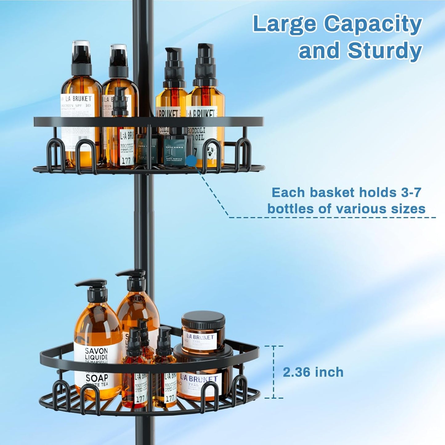 Rustproof Corner Shower Caddy Freestanding Tension Pole, 4 Large Baskets for Bathtub Shampoo Storage Organizer Bathroom Height Adjustable Shelves from 23.6 to 114.5 Inch with Towel Bar