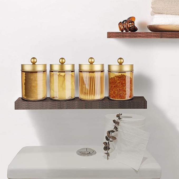 Amolliar Bronze Glass Apothecary Jar With Metal Lid & Stickers, Bathroom Qtip Dispenser Storage Canister, Perfect for Cotton Balls, Cotton Swabs, Makeup Pads, Bath Salt, Floss, 1 Pack(Gold)