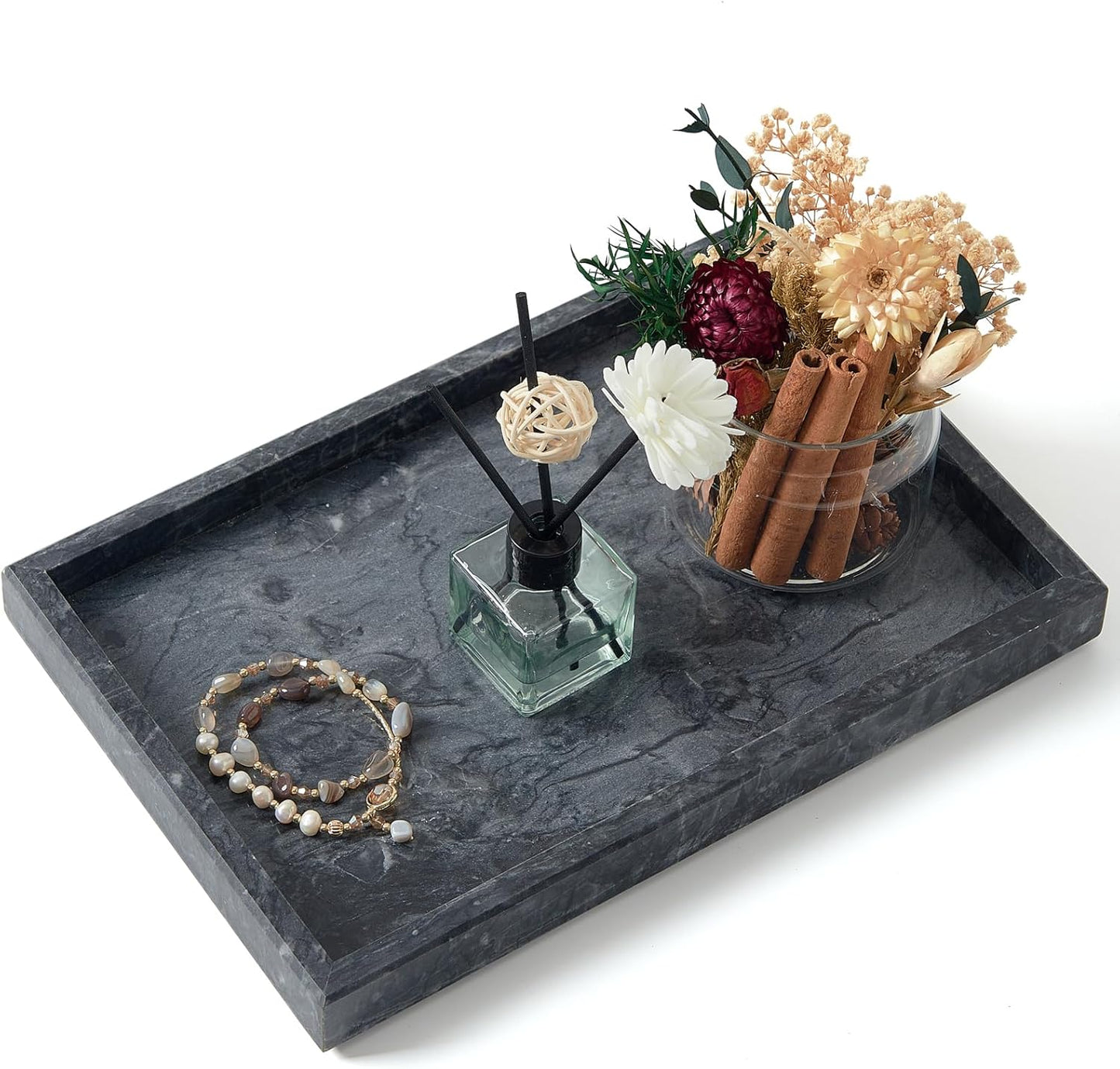 Marble Bathroom Tray,Pure Natural Vanity Tray,Marble Trays for Kitchen Counter Non-Ceramic/Non-Resin,Stone Tray 12 x 8 inch (Black) ﻿