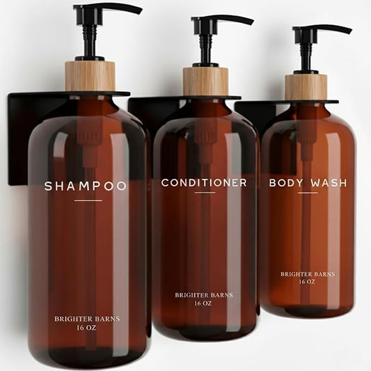 Amber Shampoo and Conditioner Dispenser Set Wall Mounted by Brighter Barns - Refillable Shampoo Dispenser for Shower Wall 3 Chamber No Drill - Plastic Shower Bottles for Guest Bathroom, Hotel (Amber)