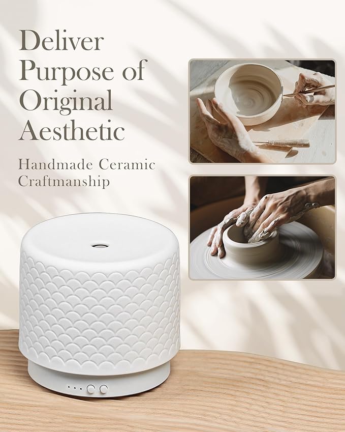 Ceramic Essential Oil Diffuser 280ml- Aromatherapy Diffuser with Ultrasonic Cool Mist Humidifier, Timer, Auto Shut-Off, Large Room Aroma Diffuser for Home, Bedroom, Office, Yoga