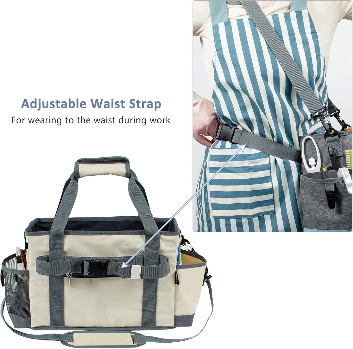 Large Cleaning Caddy for Suppliers Organizer,15'' Professional Organizer with Handle,Wearable Cleaing Bag,Cleaning Storage Caddy,Cleaning Housekeeping,Ivory-Grey