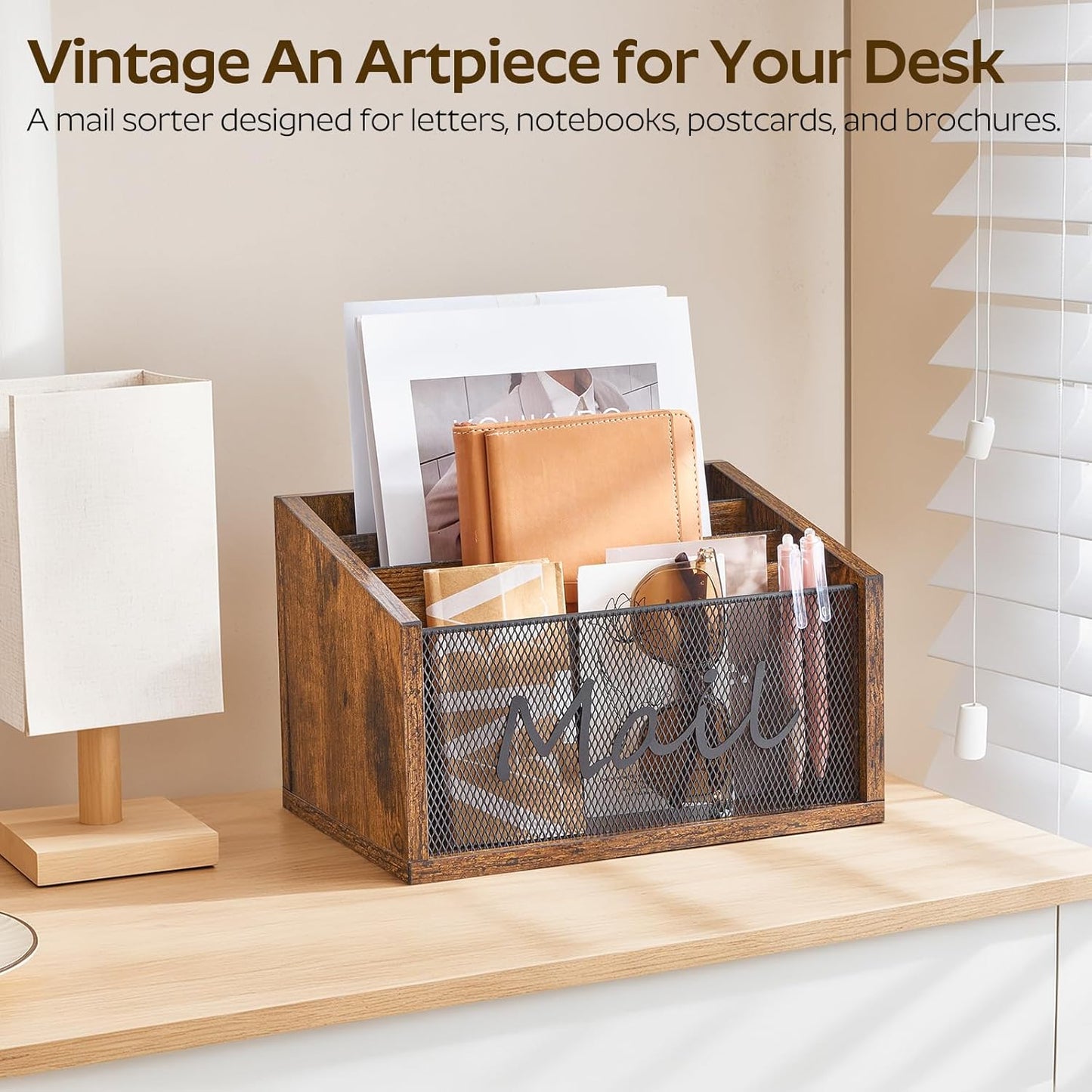 Mail Organizer Countertop, Mail Holder with 4 Slots, Mail Sorter for Desk, Wooden Office Desk Organizer, Mail Organizer for Magazines, Files, Papers, Folders, Rustic Brown and Black MR04BR