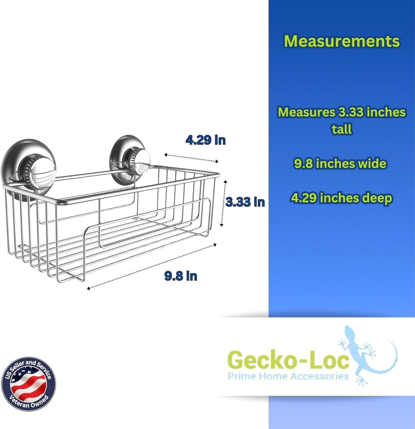 Gecko-Loc Large Deep suction cup wall mount bathroom shower caddy - shampoo storage basket shelf organizer caddie bath shelves - Silver