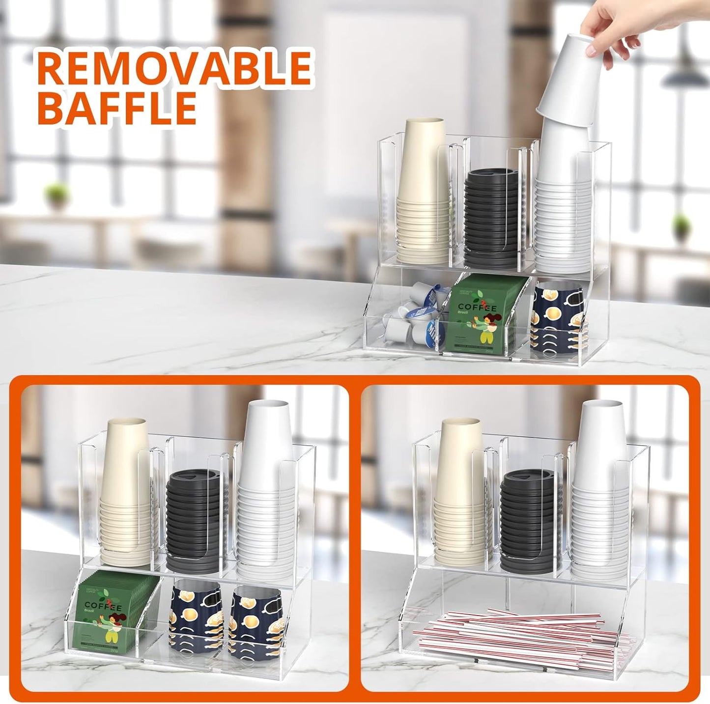 Richboom Cup and Lid Organizer, 6 Compartments with 2 Removable Dividers Coffee Station Countertop Cup Dispenser Condiment Organizer Accessories Caddy for Breakroom, Office, Home - Clear