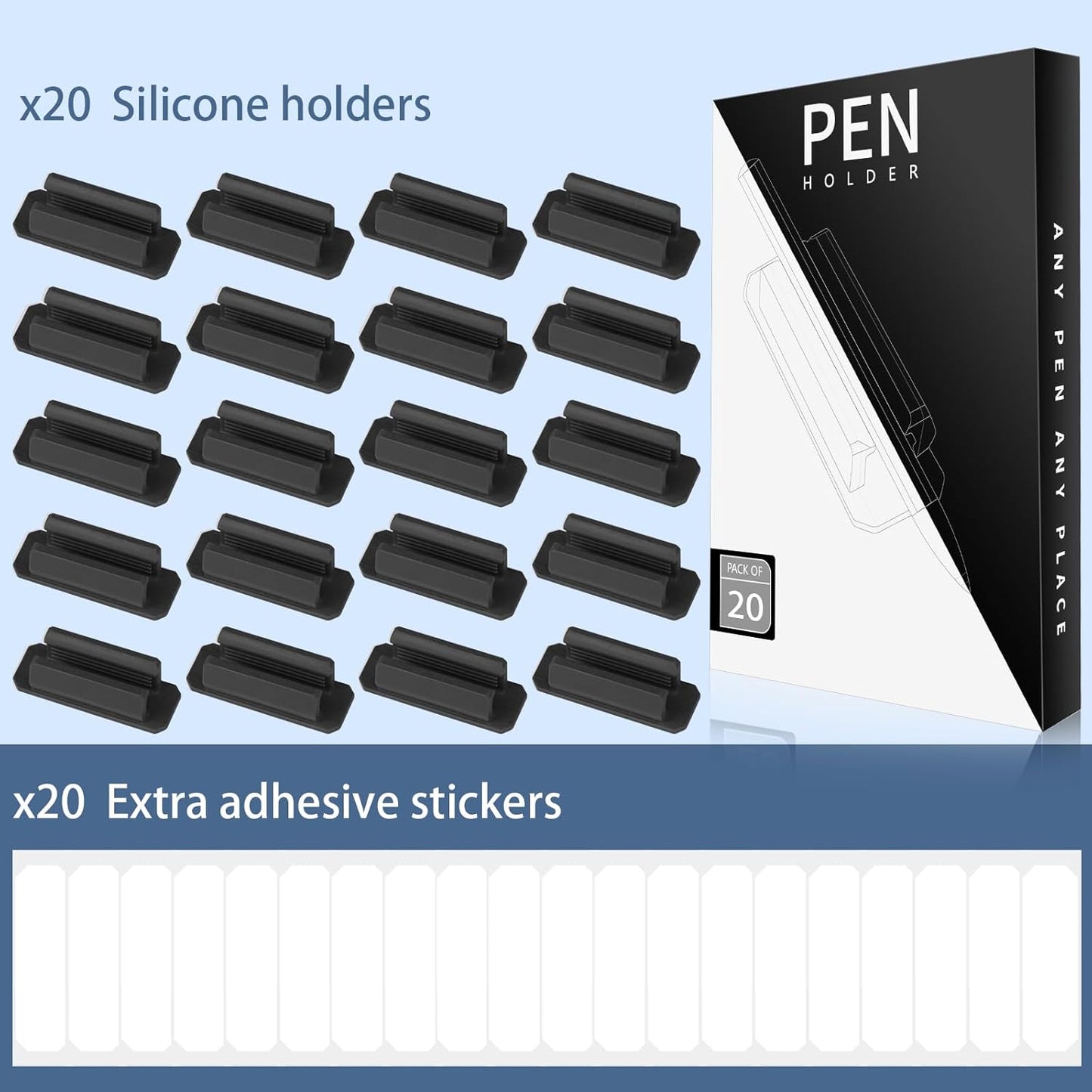 Pencil Holder for Desk Set of 20, Adhesive Pen Holder with 20 Extra Upgraded Stickers, Silicone Pen Holders & Marker Clip for Walls, Clipboards, Classroom, Office, Teacher Accessories Supplies (Black)