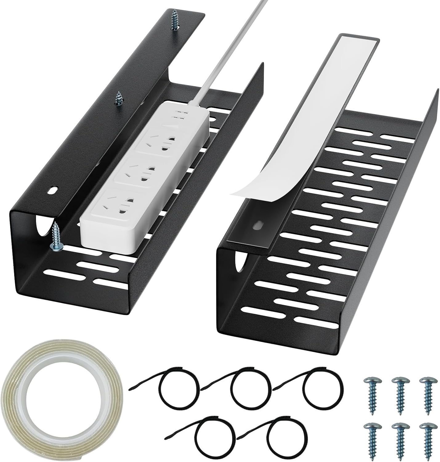 2 Pcs Black Steel Under Desk Cable Management Tray Organizer, Industrial Style, Self-Adhesive or Screw-In Installation, Larger Capacity, Premium Metal Material, Upgraded Cable Routing Holes