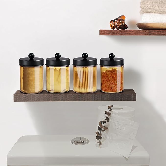 Amolliar Bronze Glass Apothecary Jar, Qtip Holder Metal Lid & Stickers, Bathroom Qtip Dispenser Storage Canister, Perfect for Cotton Balls, Cotton Swabs, Makeup Pads, Bath Salt, Floss, 4 Pack (Black)