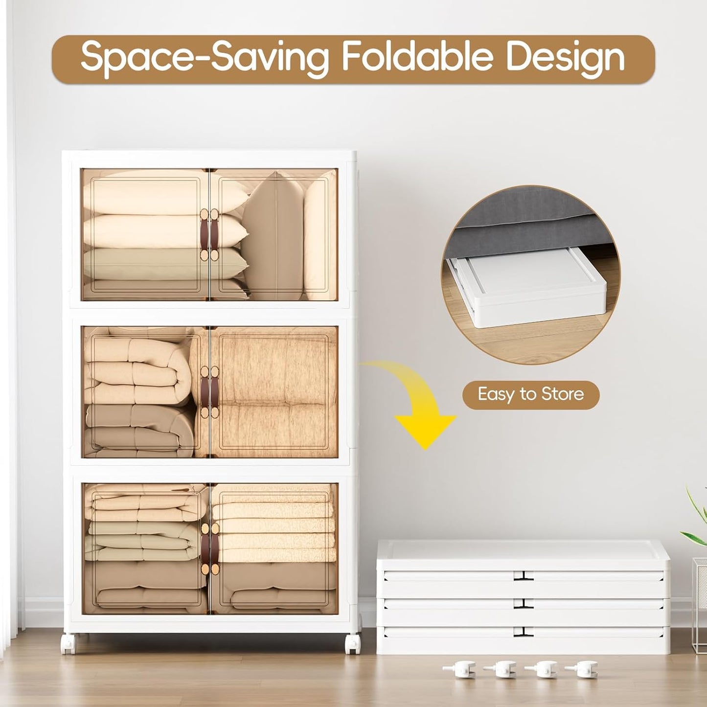 JEKO&JEKO 400Qt Stackable Storage Bins with Lids and Wheels, Foldable Collapsible Plastic Boxes for Clothes, Home, White, 3 Pack