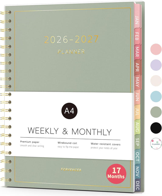 Forvencer Planner 2026-2027, 17 Month Weekly and Monthly Calendar Planner, Jan 2026 -May 2027, 8.5" x 11", Daily Agenda Book with Tabs, College Organizer Notebook, School Supplies for Student Teacher Classroom, A4, Green