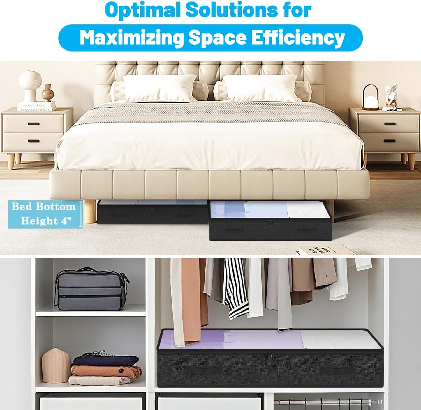 4 Inch Low Profile Under Bed Storage Drawer 4 Pack, Lightweight Underbed Clothes Storage Container Bins with NO STURCTURE, Shallow Storage Bag for Dorm & Home, With Clear Lids and Waterproof Fabric