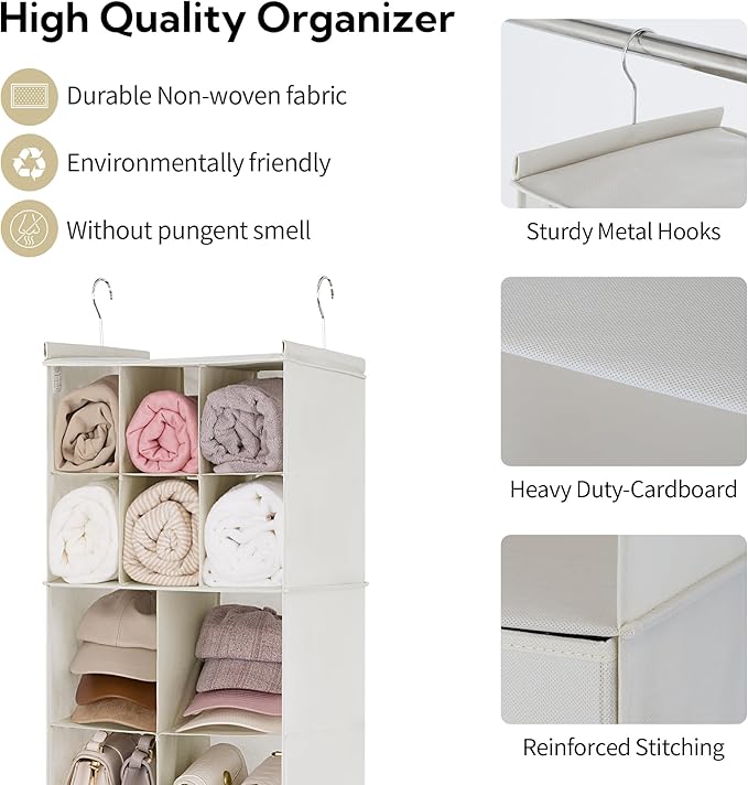 GRANNY SAYS Hanging Closet Organizer with Drawers, 6 Shelf Dividers Closet Hanging Organizer, Portable Foldable Hanging Shelves for Closet, Dorm Room, Bedroom, Kids Room, Beige