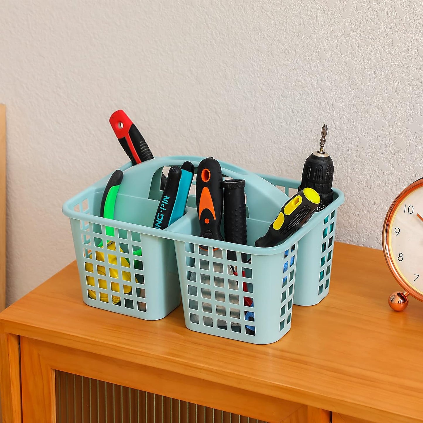 Portable Shower Caddy Basket with Compartments Cleaning Supplies Organizer with Handle Plastic Storage Divided Tool Bin for Bathroom, Bedroom, Kitchen, College Dorm, Garden, Under Sink, Light Blue