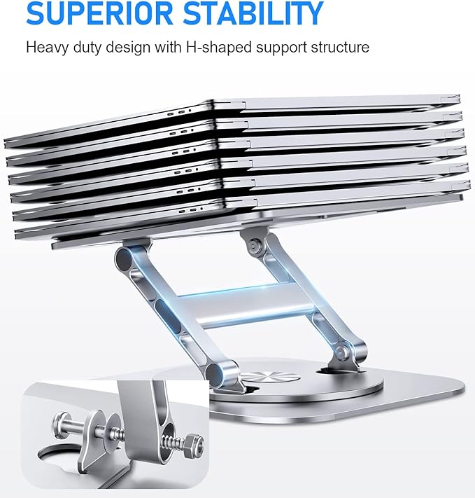 Adjustable Laptop Stand with 360 Rotating Base, Stable Computer Stand for Laptop Ergonimic Foldable Laptop Riser for Desk Compatible with MacBook Pro/Air Notebook up to 16 Inches, Silver