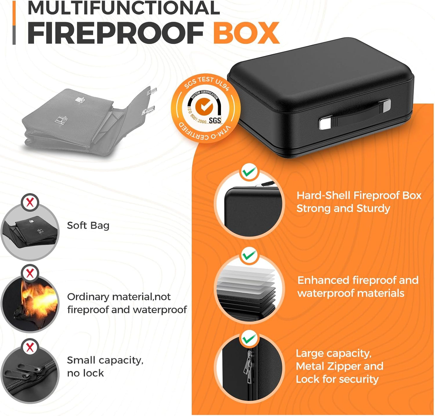 Fireproof Document Box with Combination Lock, Fireproof Water Resistant Hard Case Safe Box for Important Documents Certificates Laptop Passports (Black)