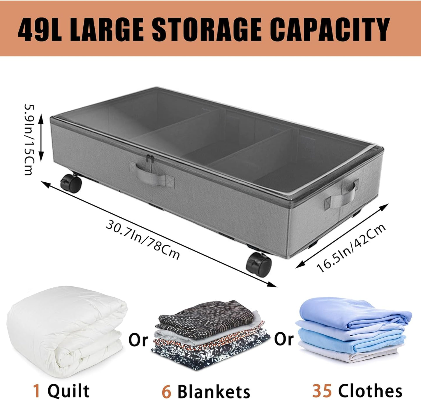 2 Pack Under Bed Storage Rolling Metal Frame Underbed Containers with Wheels Lid Visiable Window Storage Bag Box Organizer Home Closet Organization Drawer Bins for Clothes Shoes Toys Blanketss Grey