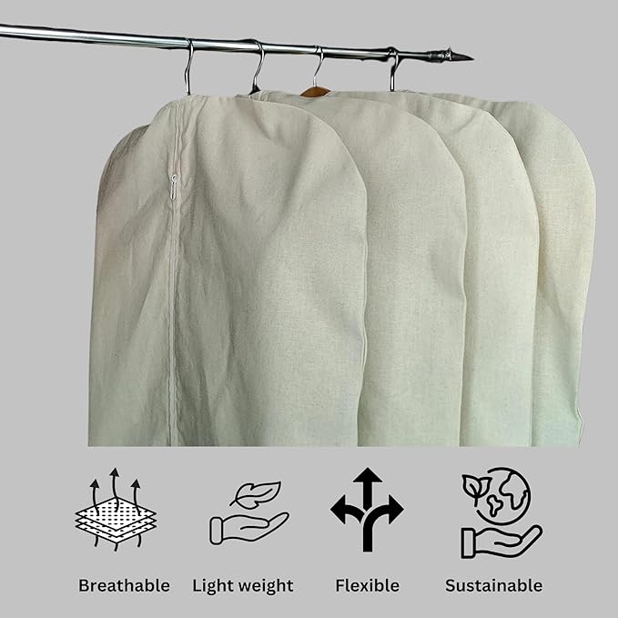 Premium 100% Cotton Garment Bags – 40" Off-White Canvas Suit Cover with YKK Zipper – Breathable, Dust-Proof Storage for Suits, Coats, Dresses, Jackets & Travel/Closet Use