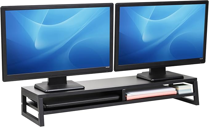Mind Reader 2-Tier MDF Double Monitor Stand, Dual Screen Riser with Storage Shelf, 33.75 Inch Wide, 88 lb Capacity, Black