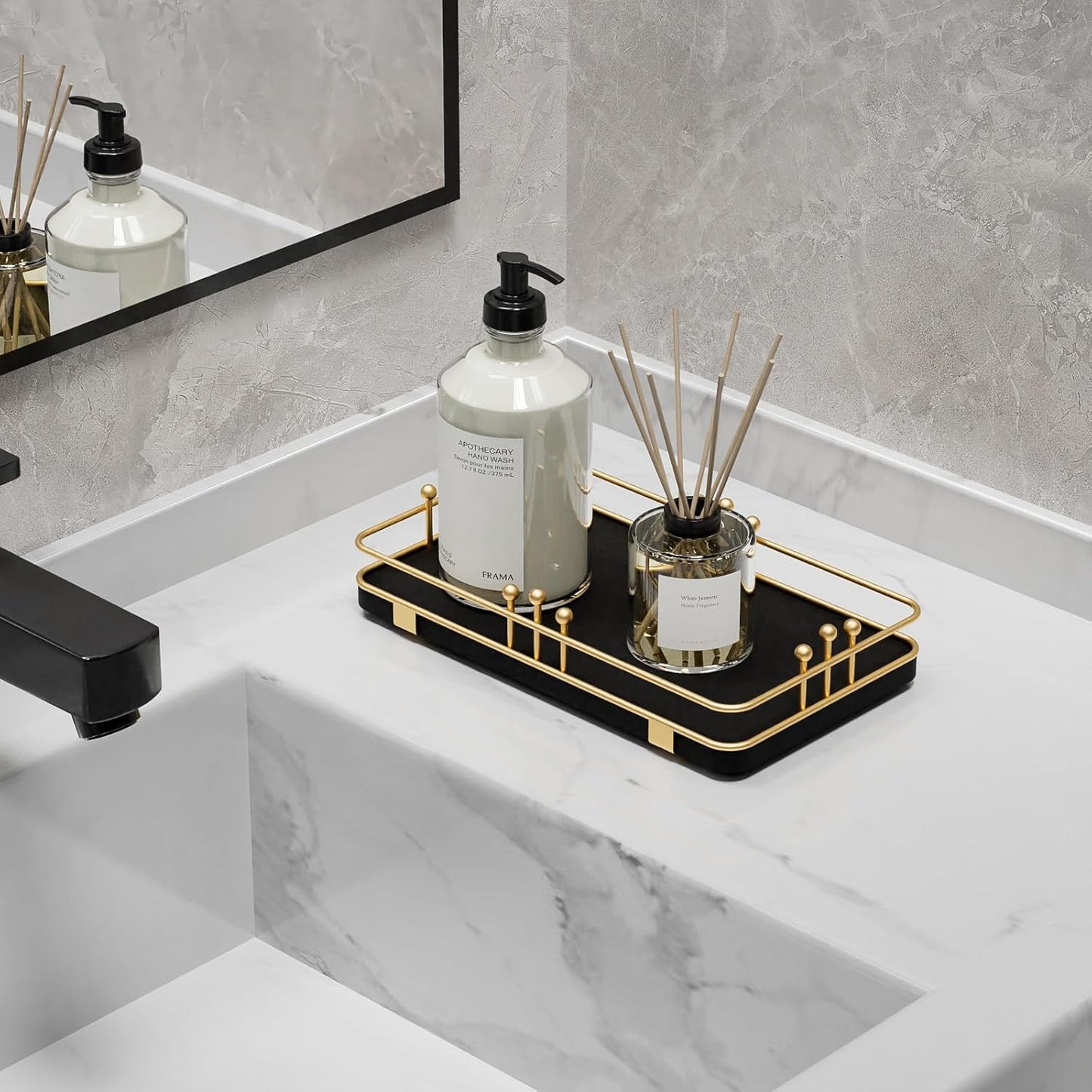 Bathroom Vanity Tray for Toiletries Makeup Perfume Candle Toilet Tank, Kitchen Tray for Soap Dispenser Spice Salt, Small Tray for Countertop Decor Coffee Nightstand 7.9”x4.4” Black-Gold