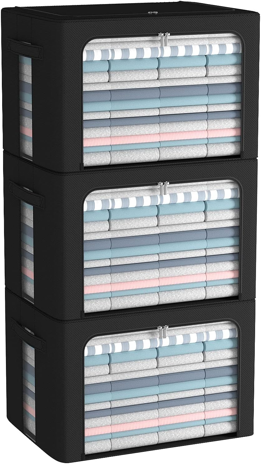 3Pack Foldable Storage Bins - Frame Storage Box Linen Fabric Stackable Clothes Container Organizer with Clear Window & Carry Handles Large Capacity (Large-66L, Black)