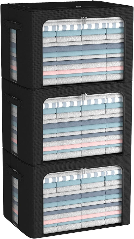 3Pack Foldable Storage Bins - Frame Storage Box Linen Fabric Stackable Clothes Container Organizer with Clear Window & Carry Handles Large Capacity (Large-66L, Black)