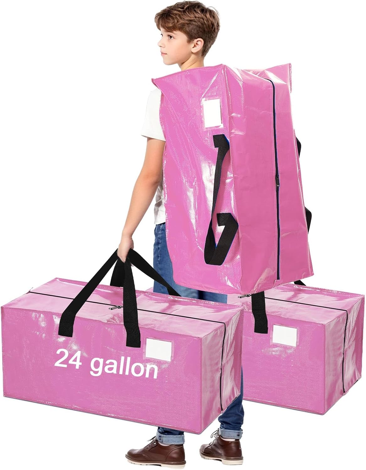 4 Pcs 24 Gallon Large Moving Bags with Zipper and Handles Foldable Storage Duffle Bags Heavy Duty Extra Large Totes for College Dorm Travel Clothes Blankets Bedding Moving (Pink)