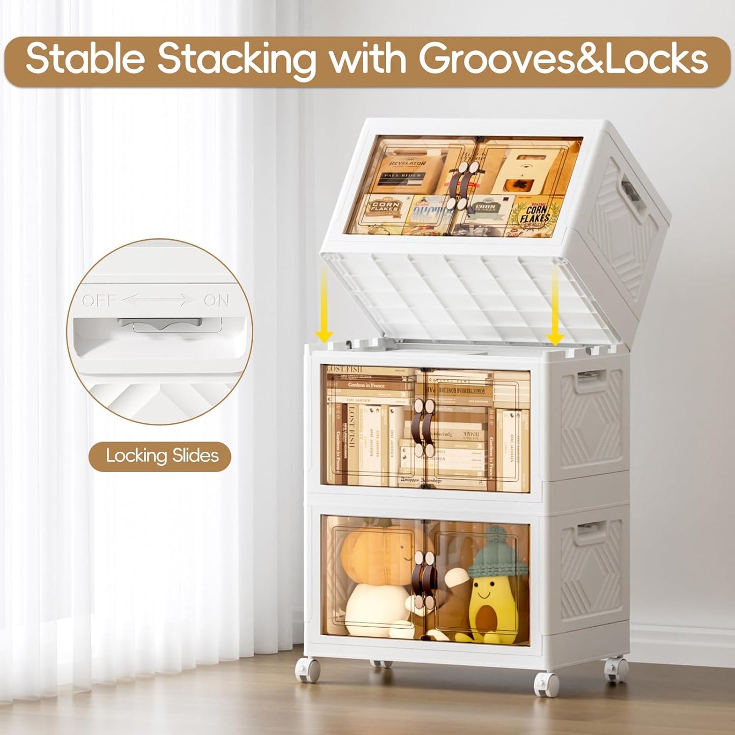 JEKO&JEKO 189Qt Stackable Storage Bins with Lids and Wheels, Foldable Collapsible Plastic Boxes for Clothes, Home, White, 3 Pack