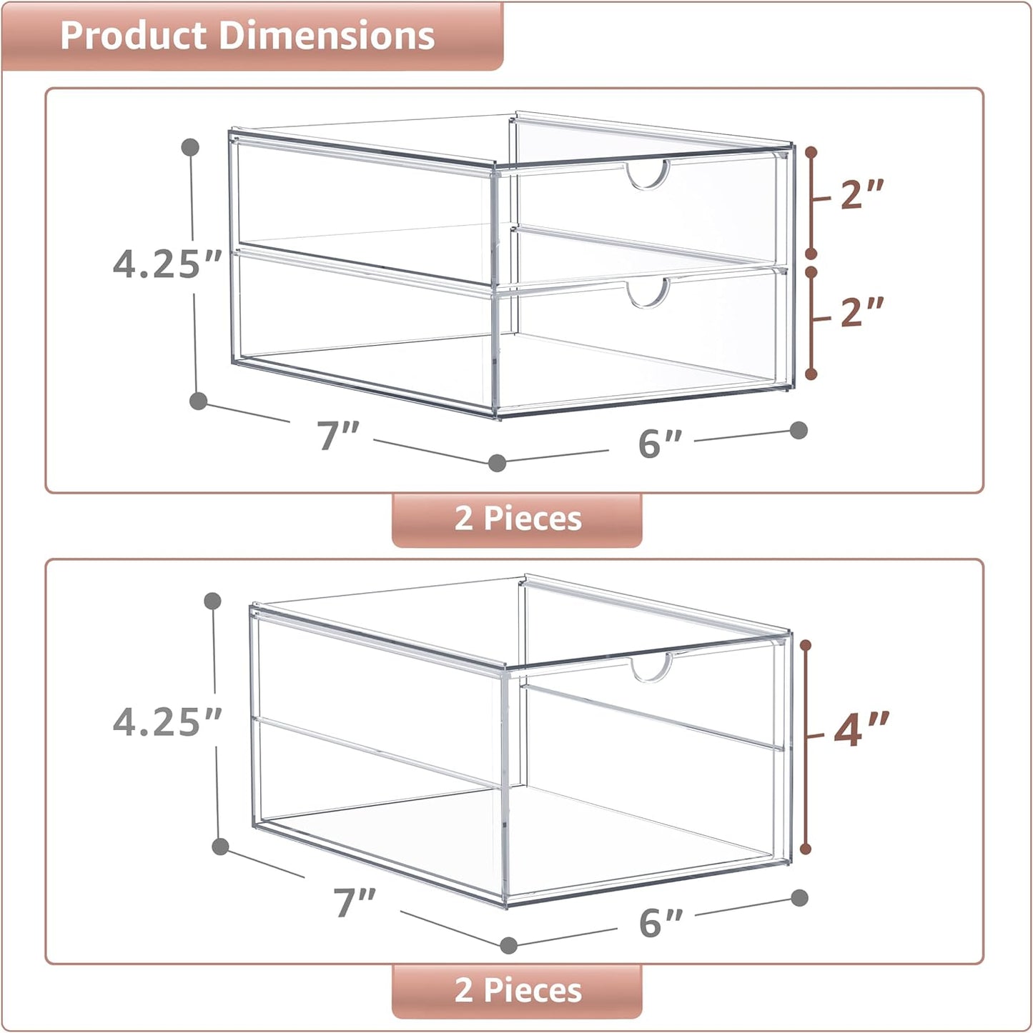 Sorbus Makeup Organizer With 6 Drawers, Acrylic Drawer Organizer for Makeup, Office Organization and Storage, Art Supplies, Jewelry, Stationary - 4 Pcs Clear Stackable Storage Bins Organizer Drawers