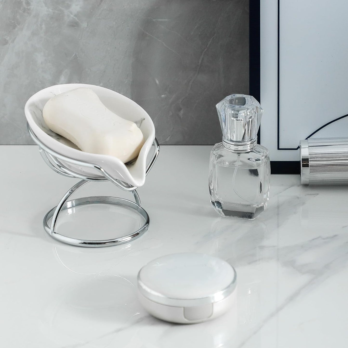 Leaf-Shaped Soap Dish – Ceramic Soap Bar Holder with Self-Drainage System – Bar Soap Holder for Shower, Bathroom Sink, Kitchen – Soap Dish with Stainless Steel Stand (White-Sliver-2 Pack)